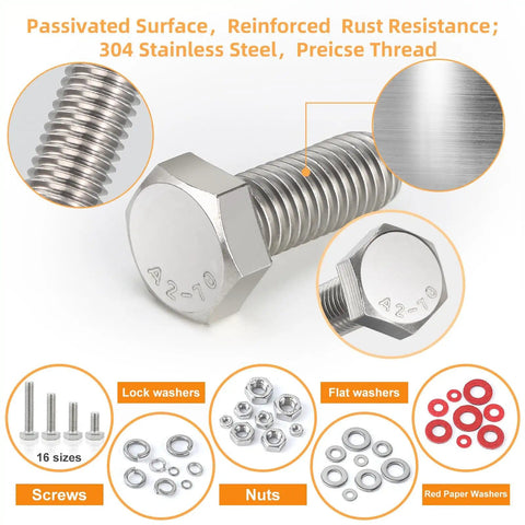 Close-up of 304 stainless steel hex bolt from 780 Piece Hex Bolts And Nuts Kit in M3-M6 sizes with rust-resistant finish.
