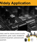 80 Piece Potentiometer Kit With WH148 3 Pin 15mm Potentiometers visible with metal body and knobs in audio equipment setup
