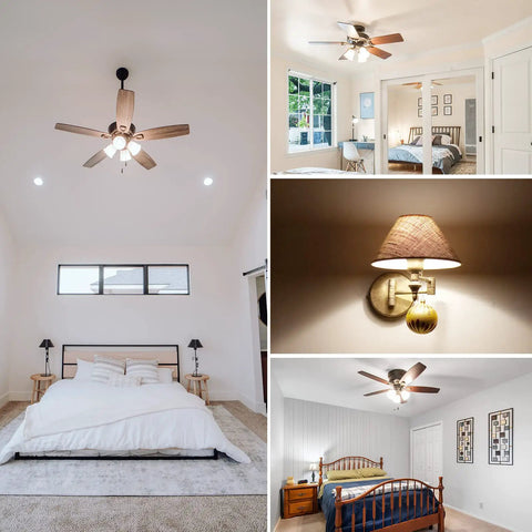 Ceiling fan and bedroom lamps lit by A15 Refrigerator LED Bulbs 40W Equivalent 5.5W Dimmable No Flicker No Noise Daylight 5000K E26 Base ULListed Energy Saving Kitchen Light 6 Pack For A Brighter Fridge Glow And Lower Energy Bills