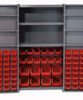 Deep Door Bin Cabinet With 68 Red Plastic Bins Padlockable Steel Cabinet For Tool And Parts Storage open showing interior bins