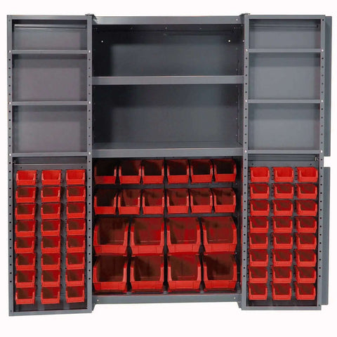 Deep Door Bin Cabinet With 68 Red Plastic Bins Padlockable Steel Cabinet For Tool And Parts Storage open showing interior bins