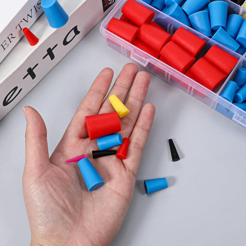 Hand holding colorful 350 piece silicone rubber hole stopper kit with eight sizes for spray painting and hole protection