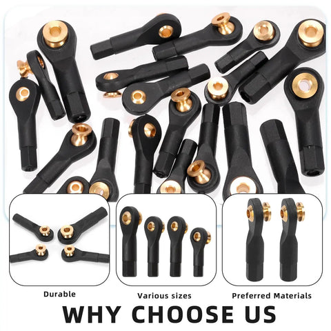 Beefy 20 Pieces M2 M2.5 M3 Ball Head Tie Rod Ends Set For RC Crawler Cars Lever Steering Linkage Ball Joint Ends 4 Sizes Ball Head Holders Without Screws And Nut, black metal and brass RC linkage ends