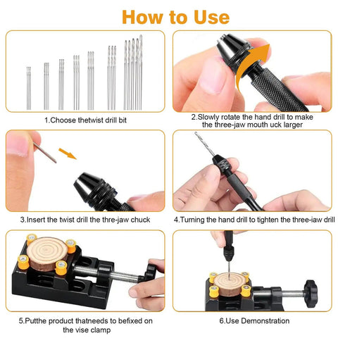 How to use the Pin Vise Hand Drill Set With Mini Bench Vise And 60 Drill Bits for Resin Wood Jewelry Making DIY Projects