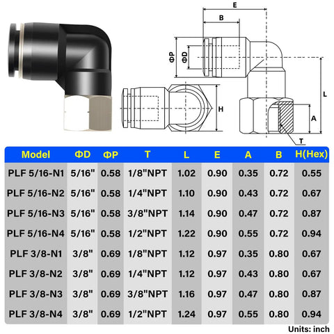 Pneumatic Female Elbow Push To Connect Fittings 5/16 Inch Tube OD By 1/8 Inch NPT Thread 90 Degree Copper And Plastic with size chart