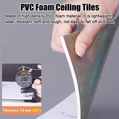 Close-up of Top Grade Glossy White Peel And Stick Ceiling Tiles showing 2.8 mm thick PVC foam, ideal for hassle-free installation.