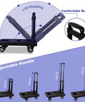 Front view of Jogtlyer folding hand truck with four rotating wheels and adjustable handle.