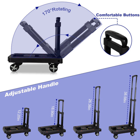 Front view of Jogtlyer folding hand truck with four rotating wheels and adjustable handle.