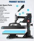 Close-up of Five In One Heat Press Machine For T Shirts Mugs Caps And More 15 By 12 Inch, showing labeled parts and details.