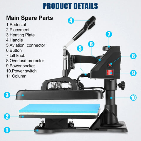 Close-up of Five In One Heat Press Machine For T Shirts Mugs Caps And More 15 By 12 Inch, showing labeled parts and details.