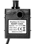 Close-up of a 12V DC submersible water pump with brushless motor, displaying label details, 240 LPH flow, and 3m head.