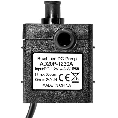 Close-up of a 12V DC submersible water pump with brushless motor, displaying label details, 240 LPH flow, and 3m head.