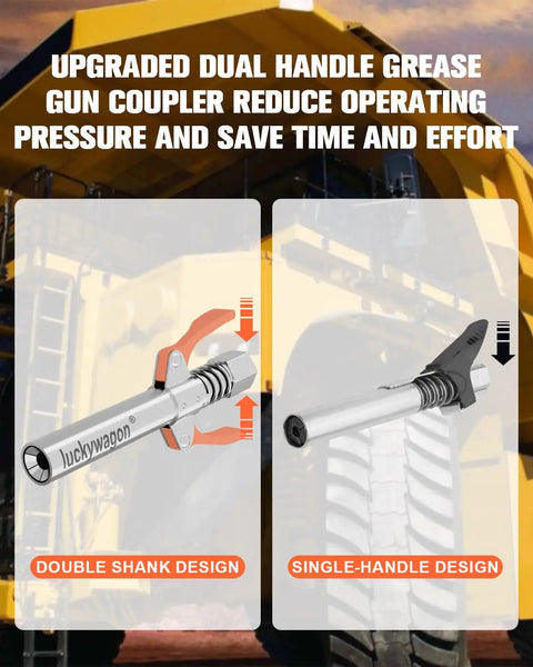Diagram showing dual handle grease gun coupler with double shank and single-handle design, in front of yellow industrial vehicle.