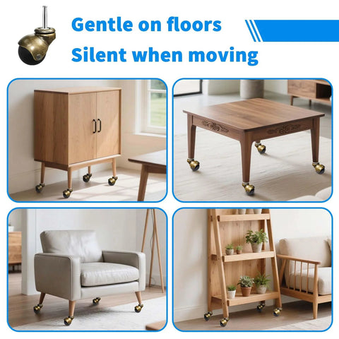 Brass Vintage Ball Caster Wheels 2 Inch Heavy Duty TPR Casters With Grip Neck attached to furniture showcasing smooth rolling.