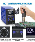 Pro Grade Hot Air Rework Station with Detachable Soldering Gun, 4 Preset Channels, Digital LED Display in use on PCB.