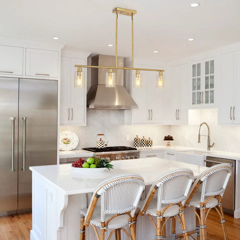 Modern Gold Kitchen Island Chandelier 4 Light Dope Brushed Brass Farmhouse Pendant with Glass Shades in kitchen