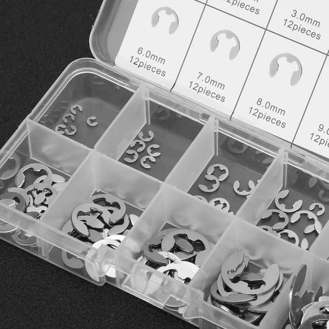 Open storage box showing Durable Stainless Steel E Clip Assortment Kit 120 Pcs External Retaining Rings for shaft fasteners