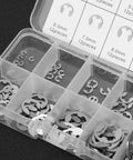 Clear box with compartments showing E Clip Washer Kit 120 Piece Stainless Steel M1.5 To M10 External Retaining Rings.