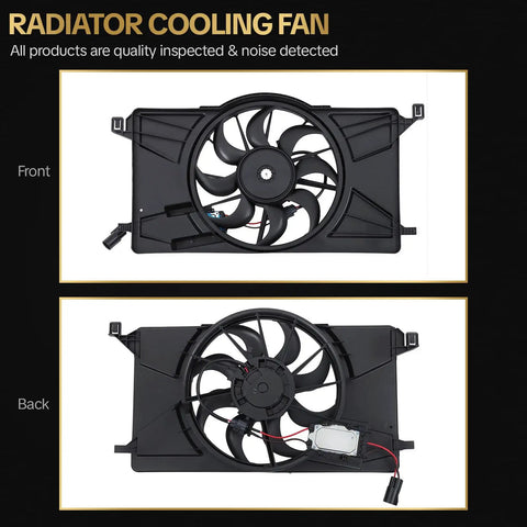 Rock Solid Radiator Cooling Fan Assembly With Brushless Motor Is A Dead Simple Drop In Replacement For 2012 2015 2012 2018 Ford Focus Battery EV BEV L4 20 Liter Replaces 621606 BV6Z8C607K Beat The Heat Fast, front and back view.