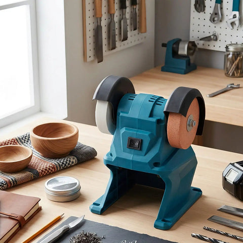 No Nonsense Cordless Mini Bench Grinder With Suction Cup Base And Mounting Holes 2.76 Inch Hole Polisher for precise sharpening on a workbench.