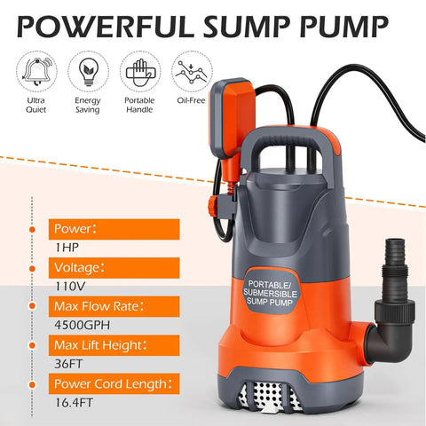 1HP Submersible Sump Pump With Float For Clean And Dirty Water 4500 GPH Portable Electric Water Transfer Pump in orange and gray