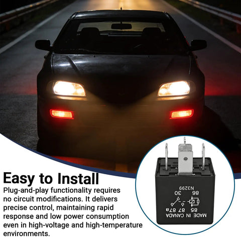 Heavy Duty 5 Pin Automotive Relay 12V 40A Plug In And Go Fuel Pump Starter Switch For Ford F150 Explorer Expedition Transit Runs Smooth Takes A Beating Every Day 2 Pack in a nighttime setting with a car.