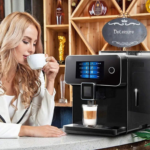 All Day Fully Automatic Coffee Machine With 19 Bar Pump And Built In Grinder Boasts Sleek Full Touch Lcd Interface, in use with a coffee cup.