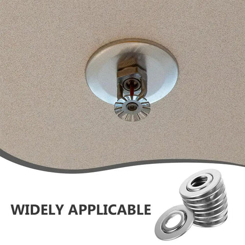 Double Disc Fire Sprinkler Cover Plates Stainless Steel Pipe Concealment Shield masks installed on ceiling, showing design and application.