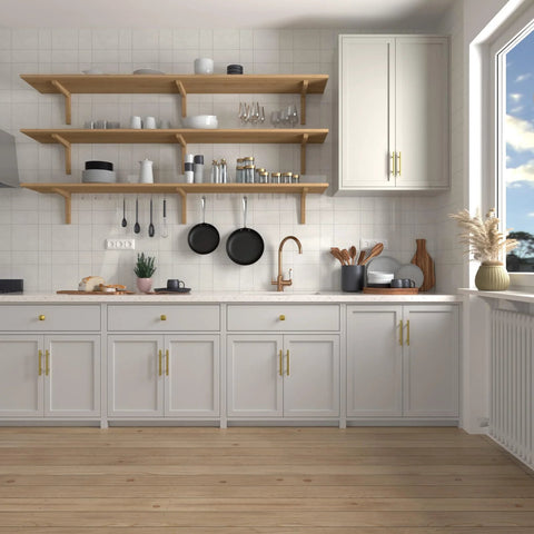 Modern kitchen with 20 Pack Gold Stainless Steel Cabinet Handles, 5 Inch Length, 3 Inch Center-To-Center Holes on white cabinets