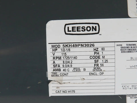 Label of Heavy Duty Half Hp Belt Drive Motor 56 Frame Open Drip Proof Two Speed 1725 And 1140 Rpm Ball Bearing Resilient Ring Mount 115 Volt Single Phase.