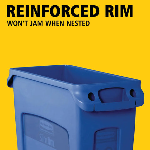 Side view of Slim Jim Plastic Rectangular Recycling Bin And Trash Can With Venting Channels 23 Gallon Blue For Kitchens Classrooms Offices And Back Of House Durable Design With Easy Liner Removal And Four Bag Cinches showing reinforced rim