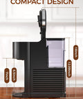 Side view of Commercial Single Serve Coffee Maker For Capsule And Ground Coffee, Instant Heat Brew, dimensions shown