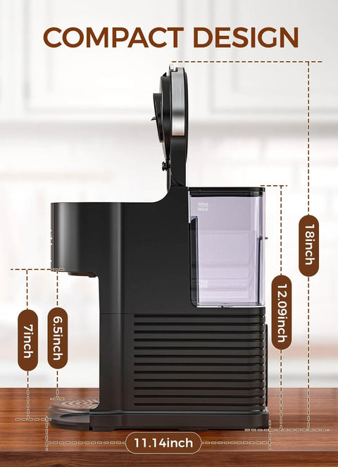 Side view of Commercial Single Serve Coffee Maker For Capsule And Ground Coffee, Instant Heat Brew, dimensions shown