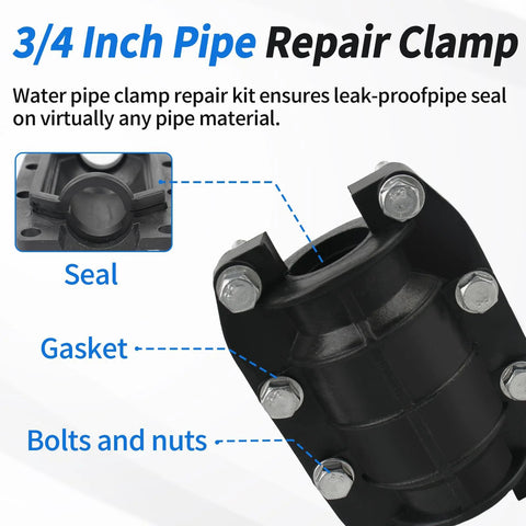 Side view of a black 3/4-inch plastic pipe repair clamp with bolts, nuts and gasket for emergency water pipe leak repair.