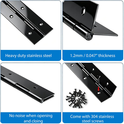 Heavy Duty Top Shelf Black Piano Hinge 48 Inches X 3 Inches Wide Stainless Steel Continuous Gate Door Hardware Tough Finish Cut To Size Quick Install showing details of hinge, thickness 1.2mm, and stainless steel screws.