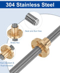Close-up of 2 Pack 900mm Tr8X1 Lead Screws with brass nuts, 1mm pitch, 304 stainless steel for 3D printer upgrades, silver, in packaging.
