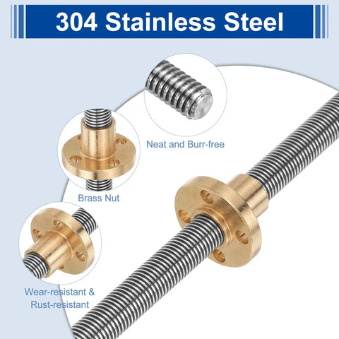 Close-up of Two Pack 1150mm TR8X1 Lead Screws with Brass Nuts in 304 Stainless Steel for 3D Printer Upgrades Silver