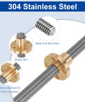 2 Pack 200mm TR8X1 Lead Screws With Brass Nuts For 3D Printer And CNC, 1mm Pitch, 1 Start, 1mm Lead, 304 Stainless Steel Bar, Silver, Upgrade Parts With Plastic Packaging Tube, 304 stainless steel lead screw with brass nut