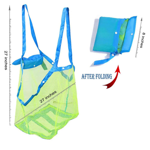XL Mesh Beach Bag Tote for Kids and Family Ultra Lightweight See Through Bag unfolded and folded view with measurements