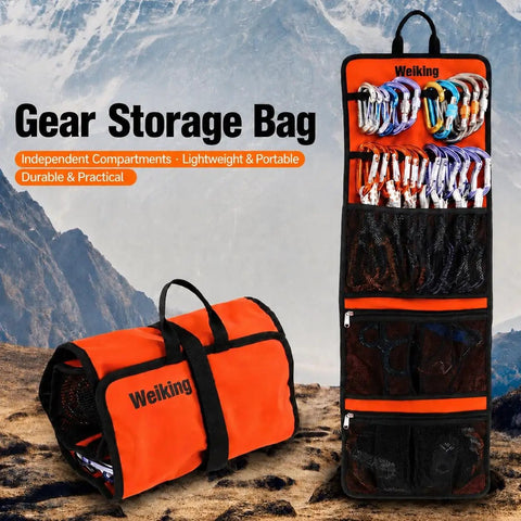 Rock Climbing Gear Storage Bag For Quickdraws And Small Parts Carabiner Hook Organizer shown folded and unfolded
