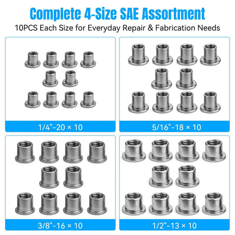 No Sweat T Shaped Weld Nut Assortment 40 Piece Steel Hardware Kit with four SAE thread sizes and 10 pieces each.