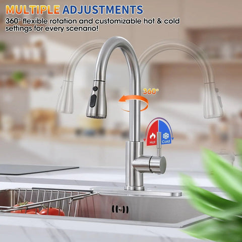 Top Shelf Kitchen Faucet With Pull Down Sprayer In Brushed Nickel Lead Free Stainless Steel Build Rated For Heavy Duty Use And Turning Sink Cleanup Into A Snap showing 360° rotation and customizable spray.