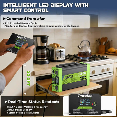 Power Your Adventure With A 3000W Pure Sine Wave Inverter on kitchen counter, remote in hand, detailed product specs visible