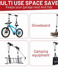 2 Pack Bike Ceiling Hoist Storage System for Garage Weight Lifting Gear 88 Pounds Capacity, showing bike, snowboard, ladder, and camping gear organized.