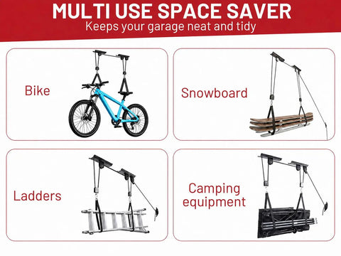 2 Pack Bike Ceiling Hoist Storage System for Garage Weight Lifting Gear 88 Pounds Capacity, showing bike, snowboard, ladder, and camping gear organized.