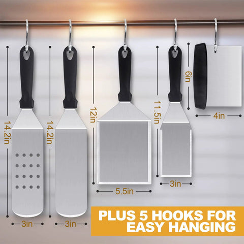 Five Piece Griddle Tools Set with hooks, stainless steel spatulas, flippers, scrapers hanging on wall, each with dimensions shown