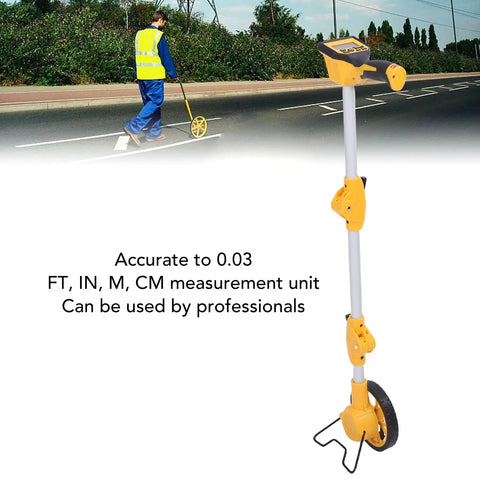 Baxnore Digital Display Measuring Wheel Accurate Distance Measure Tool with Backlit Multifunction Metric Imperial in use on road.
