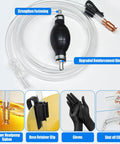 All In One Gas Siphon Transfer Kit For Fuel And More, Easy Manual Hand Pump For Gasoline, Diesel, Oil, Water And Other Liquids, Includes 10 Ft Clear PVC Siphon Hose, Brass Siphon Head, Clamps, Shut Off Valve, Pinch Clips And Gloves displayed.