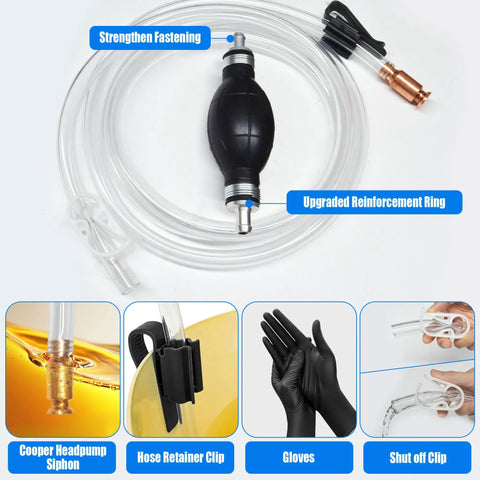 All In One Gas Siphon Transfer Kit For Fuel And More, Easy Manual Hand Pump For Gasoline, Diesel, Oil, Water And Other Liquids, Includes 10 Ft Clear PVC Siphon Hose, Brass Siphon Head, Clamps, Shut Off Valve, Pinch Clips And Gloves displayed.