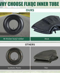 Comparison of Two Pack 18x8.50/9.50-8 Inner Tubes With TR-13 Valve showing thicker butyl rubber versus synthetic plastic.